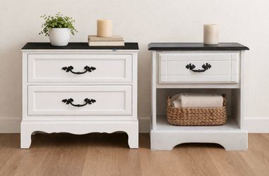 Matching Farmhouse Nightstand & End Table Set – White with Black Tops