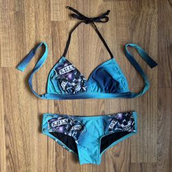 ED HARDY Vintage Y2K Rare Blue Black Skull Love Kills Slowly String Bikini Set