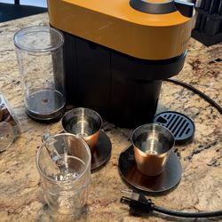 Nespresso Vertuo Pop+ Mango Yellow Bundle + 70 Pods + Orange Metal Cups + 2 Glass Espresso Cups