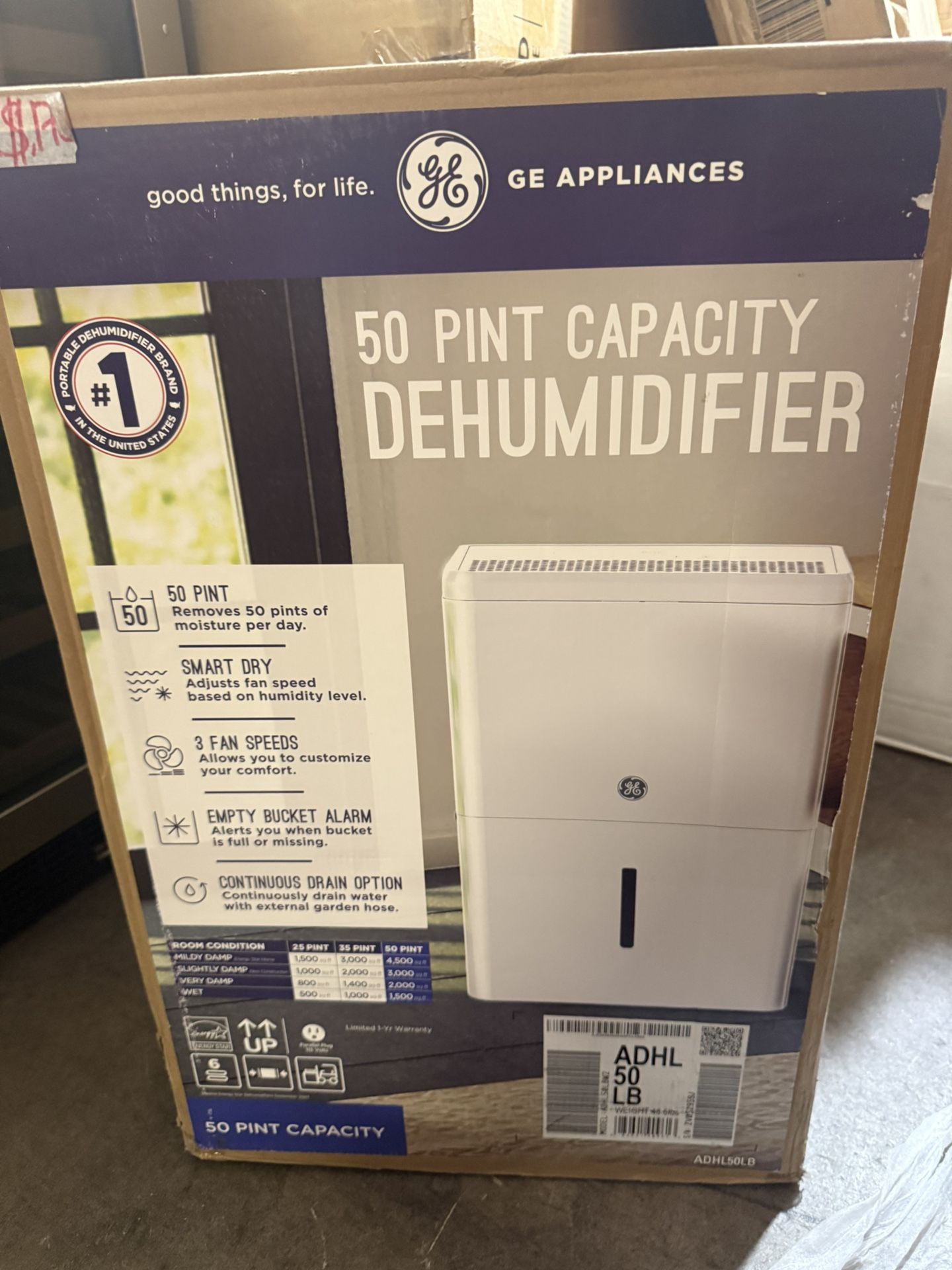 GE® 50 Pint Portable Dehumidifier with Built-in Pump and Smart Dry for Wet Spaces