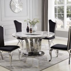 5pc Round Glam Marble Dinning Set With Lazy Susan