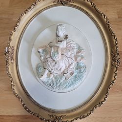  Alexander Backer 3D Chalkware Romantic Couple Wall Plaque Gold Frame 1950 for Sale 

