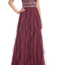 Gorgeous Burgundy Prom Dress Spaghetti Strap V-Neck Embellished silver Bodice Ball Gown  Size 0