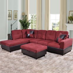 Red microfiber And Faux Leather Sectional With ottoman