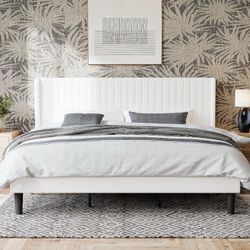 King Size Platform Bed Frame, Velvet Upholstered, Vertical Channel Tufted Wingback Headboard, Wooden Slats Support, No Box Spring Needed, Easy Assembl