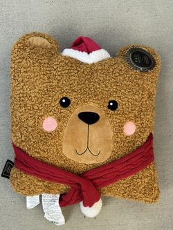 FAO SCHWARZ Brown Christmas Teddy Bear Face Pillow NEW With Tags 20" x 20"