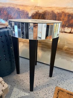 Round Mirrored Side Table with Brown Legs