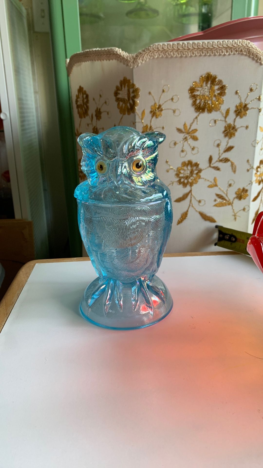 Vintage Imperial Glass Iridescent Ice Blue Owl Jar With Lid
