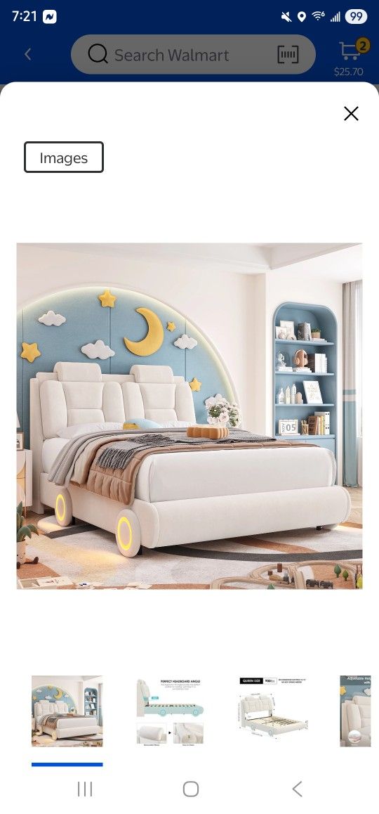 Keyluv Queen Upholstered Led Bed Frame with Wheels Decor & Adjustable Curved Headboard Modern Car-Shaped Platform Bed with Detachable Pillows Solid Wo