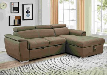 97 inch Convertible Sectional Sofa with Storage Chaise, Adjustable Headrests, Contemporary L-shaped Sleeper Corner Sectional Sofa with a Pull-Out Bed 