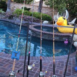 FOUR (4) Older Saltwater Fishing Rods with Penn Reels-All for $100