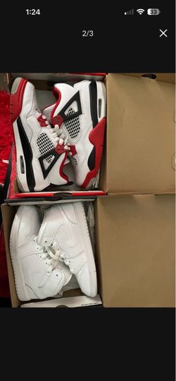 Red size 3.5y white 2.5y both worn once spot on shoe lace of red shoes