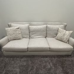 Beige 3-Seater Sofa w/ Nailhead Trim – Excellent Condition