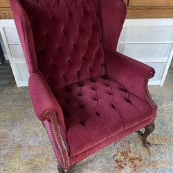 Burgundy Velvet Queen Anne Wingback Chair
