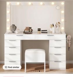 White Vanity Desk with Lighted Mirror and chair