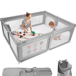 Cowiewie Baby Playpen 76.77x 61.02x26.77 inch Extra Large Playpen with Hanging Basket, Safety Gate Playpen with Breathable Mesh and Prints, Kids Activ