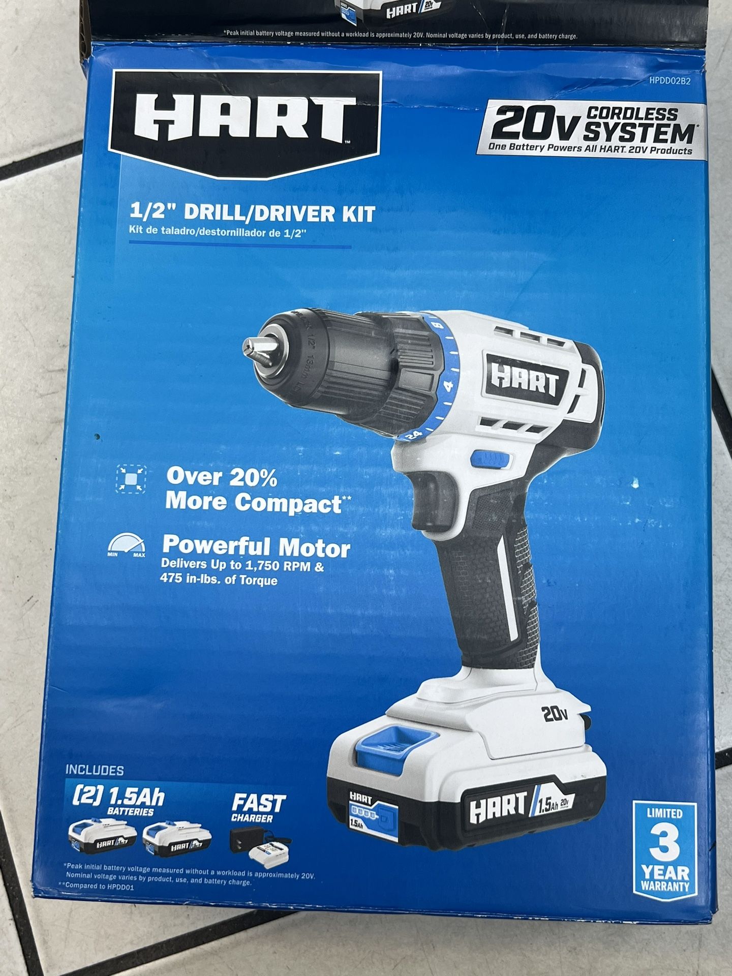 HART 20-Volt 1/2-inch Cordless Drill/Driver Kit, with 2x 1.5Ah Lithium-Ion Batteries & Charger new