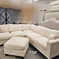 Ivory Color Corduroy Sectional Sofa Couch +Ottoman (New In Box) 