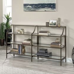Lux Console Table 5 Tier Modern Metal Multipurpose Sofa Table Bookcase with Glass Shelving, in Bronze 
