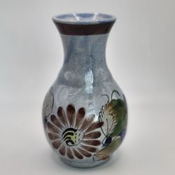 Vtg 5.5" Mexican Folk Art Tonala Style Pottery Vase Floral Hand Painted Glazed