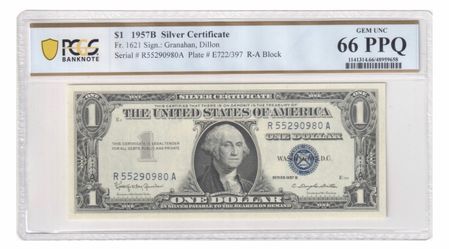 $1 1957B Silver Certificate Fr. 1621 Sign.: Granahan, Dillon Serial # R(contact info removed)0A Plate # E722/397 R-A Block