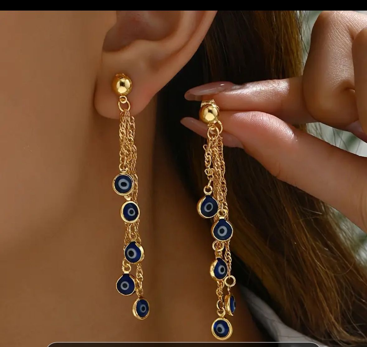 18K Gold-Plated Tassel Earrings with Blue Eye Accents