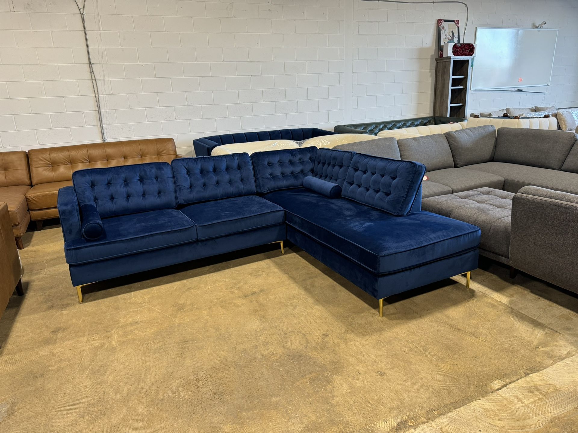 Caleb Blue Velvet Sectional Sofa Right Facing Chaise