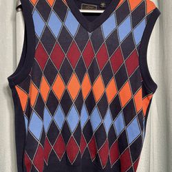 Men’s Size L Greg Norman Golf argyle Sweater Vest Navy Blue Orange 