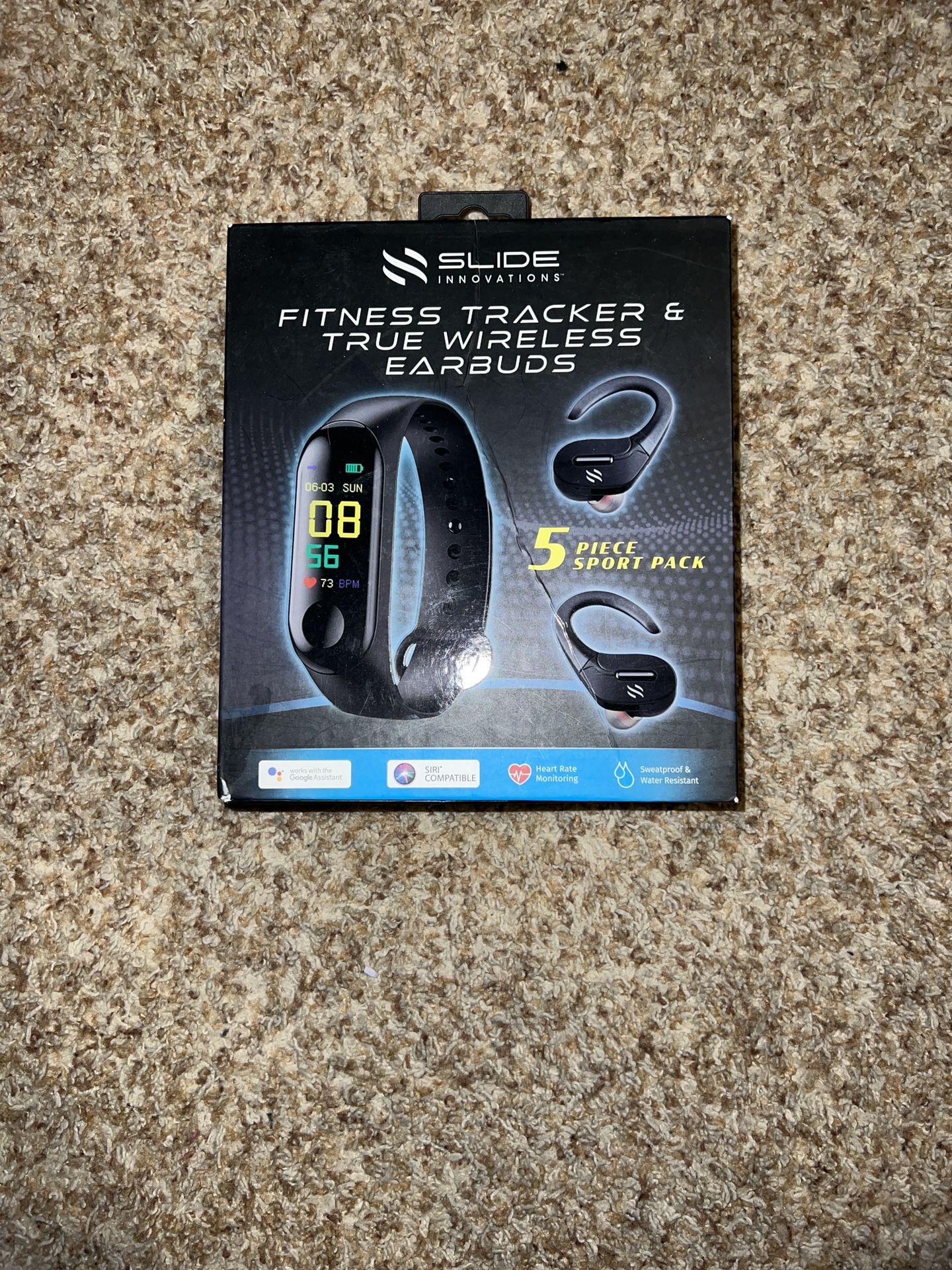 SLIDE Innovations Fitness Tracker True Wireless Earbuds SCMB652. Box has minor damage