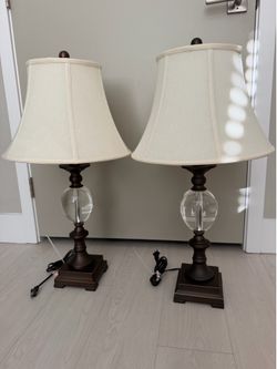 Vintage Bronze and Crystal Ball with Cream Shades Lamps