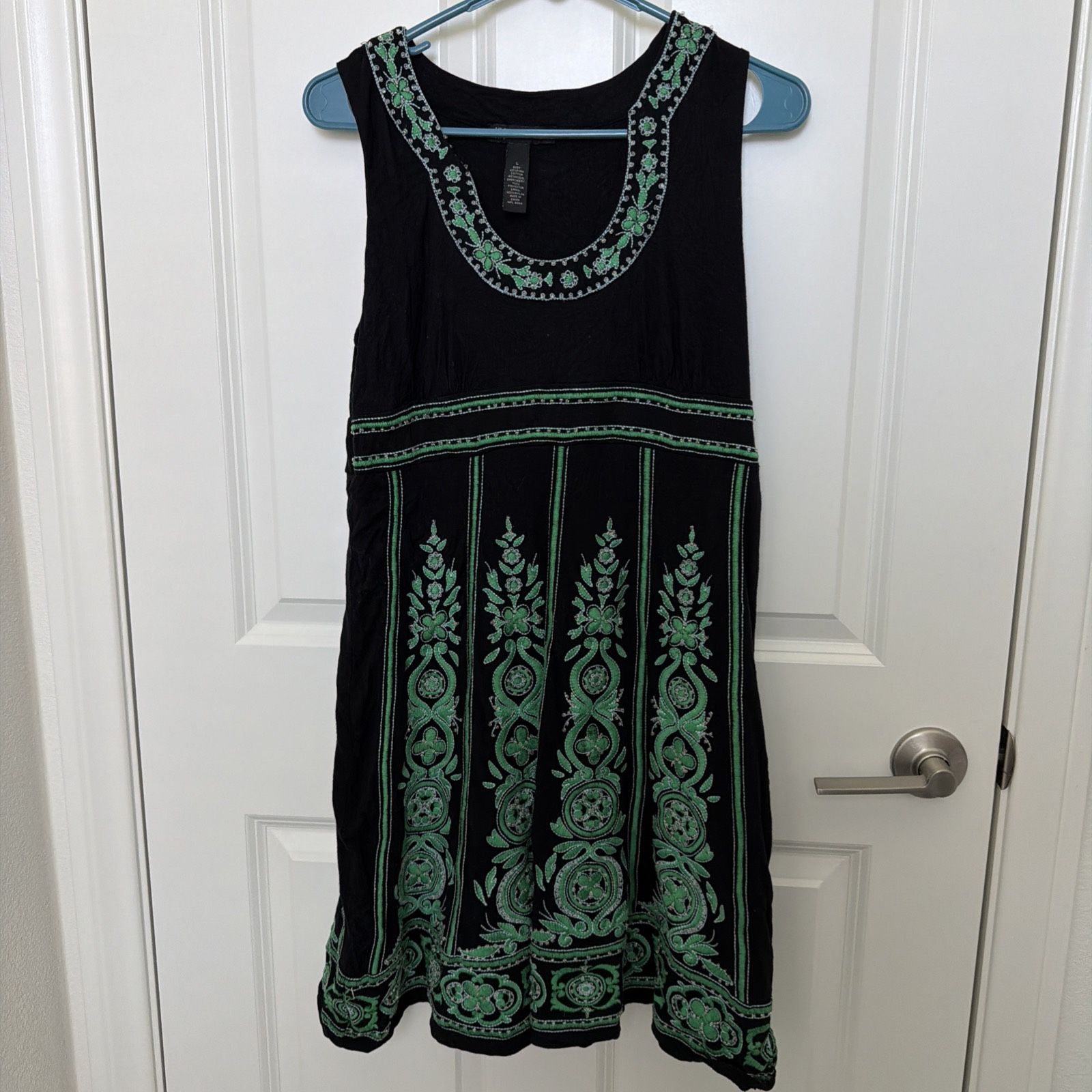 INC Sleeveless Tank Jersey Sun Dress w/Emerald Green Embroidery