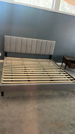 Gray Upholstered Platform Bed Frame with Headboard