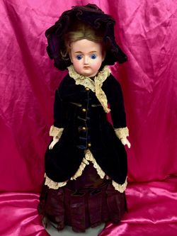 Antique Wax Over Papier Paper Mache Doll Dome Head Glass Eyes Molded Boots Org Wig 22"