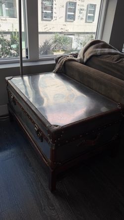 Vintage Riveted Metal Steamer Trunk Coffee Table Chest