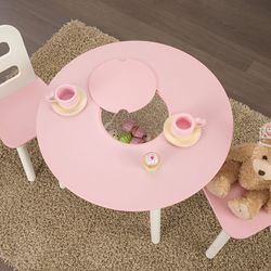Wooden Round Table & 2 Chair Set with Center Mesh Storage - Pink & White Thumbnail