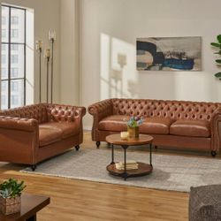 Traditional Chesterfield 2 piece living room leather couch sofa