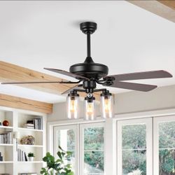 3-Light Iron and Wood LED Ceiling Fan