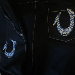 True Religion Black Sweat Pants , White Stitched  , Blue Horseshoe