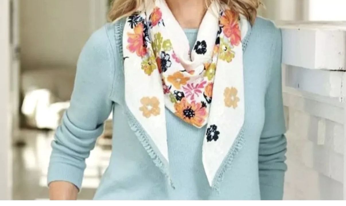 J. JILL Cream Orange Pink Blue Floral Print Embroidered Fringe Scarf Shawl