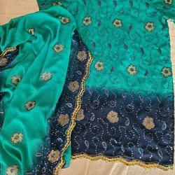 Indian Punjabi Dress Top Beautiful Sequined With Scarf Ombre Turquoise 