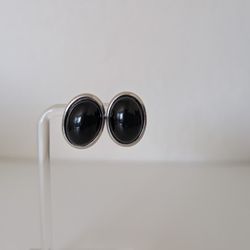 Vintage Trifari Silver Tone Black Cabochon Pierced Earrings