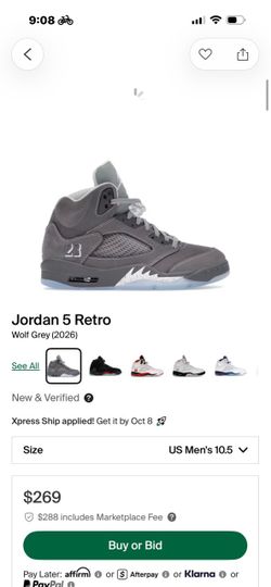 Jordan 5 Retro Wolf Grey (2026) size 10.5M