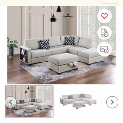 Sectional with ottoman Storage  Reversible 105"X82"x35"H Color Gray or Beige Fabric Boucle