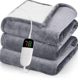 greenoak Heated Blanket Electric Throw 50"X60", Heating Blanket with 10 Heat Levels 1/2/4/6/8 Hours Auto-Off Overheat Protection, Flannel Sherpa Soft 