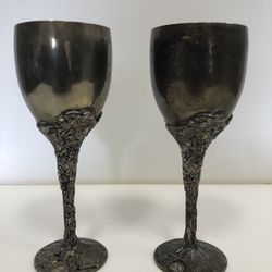 # 2, Vintage Silver Wine Goblet Flute Grapes Vine Stemmed 7.5” Godo get Art Co. Ltd.