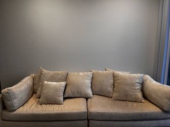 Veda 118'' Square Arm Sofa Beige Velvet with Throw Pillows Original MSRP - $2,800 on Wayfair