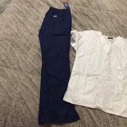 Cherokee Scrubs White Shirt Navy Blue Pants XS top Rund Medium Nurse Cloths 