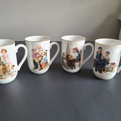 New Vintage, Norman Rockwell Mug Set 1982 Gold Trim, set of 4. Seal of Authenticity.