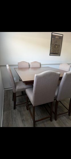 Wooden Dining Table Set with 6 Upholstered Chairs