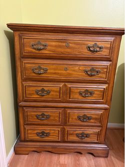 Wood Bedroom Set 4 pc:  Brown Dresser w/ Mirror, upright dresser,  and 2 Nightstands